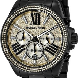 NIB Michael Kors Wren Chronograph Black & Gold Crystal Watch